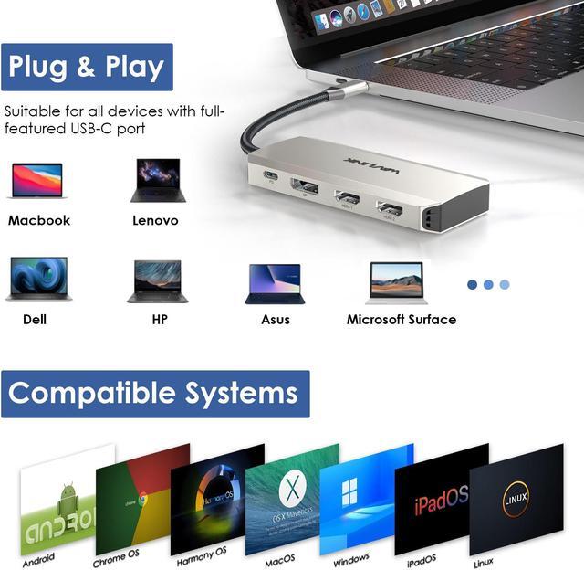 Alt view image 7 of 7 - WAVLINK USB C Laptop Docking Station Triple Display with 95W Power Delivery, Single 8K Triple 4K@60Hz with DP, 2HDMI, 480Mbps USB2.0-A for MacBook, Dell XPS, Lenovo Thinkpad, HP Laptops