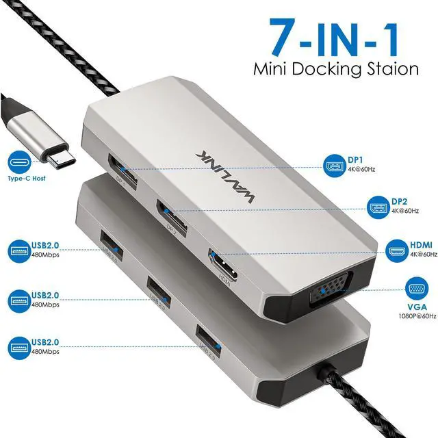 Alt view image 2 of 7 - WAVLINK USB C Hub with Dual 4K DP, 4K HDM, VGA, 3 USB2.0, 4 Displays USB C Laptop Docking Station For MacBook/Dell/HP/Lenovo, Compatible with Mac/Windows/Chrome OS/Linux/Android