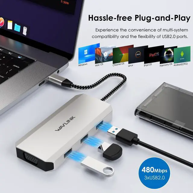 Alt view image 7 of 7 - WAVLINK USB C Hub with Dual 4K DP, 4K HDM, VGA, 3 USB2.0, 4 Displays USB C Laptop Docking Station For MacBook/Dell/HP/Lenovo, Compatible with Mac/Windows/Chrome OS/Linux/Android