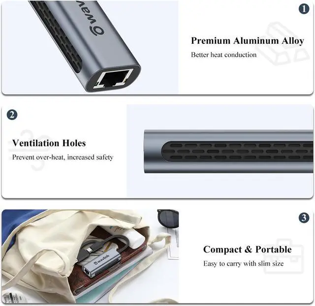 Alt view image 7 of 7 - Wavlink USB C to Ethernet Adapter 2.5 Gbps, 2-in-1 USB to 2.5G Ethernet Adapter, USB-C to RJ45 Network Converter (Thunderbolt 4/3 Compatible), Aluminum Case for Windows, Mac OS, iPad OS and More