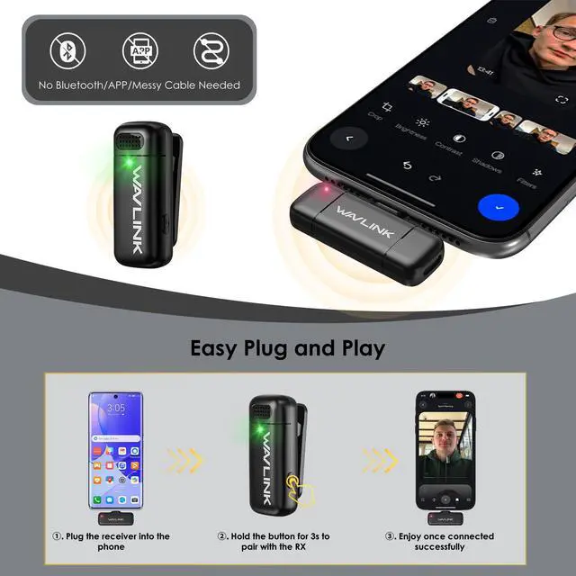 Alt view image 2 of 7 - WAVLINK Wireless Lavalier Microphone for iPhone Android Vlog, Clip on Lapel Mic System & Lightning & USB-C Inputs & Battery Case for YouTube Facebook Live, Video Recording(1*TX+1*RX)
