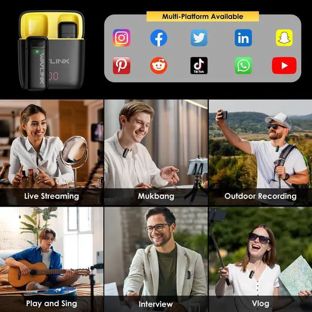 Alt view image 7 of 7 - WAVLINK Wireless Lavalier Microphone for iPhone Android Vlog, Clip on Lapel Mic System & Lightning & USB-C Inputs & Battery Case for YouTube Facebook Live, Video Recording(1*TX+1*RX)