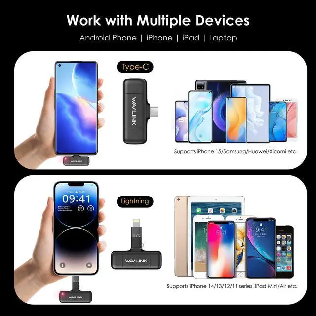 Alt view image 6 of 7 - WAVLINK Wireless Lavalier Microphone for iPhone Android Vlog, Clip on Lapel Mic System & Lightning & USB-C Inputs & Battery Case for YouTube Facebook Live, Video Recording(1*TX+1*RX)