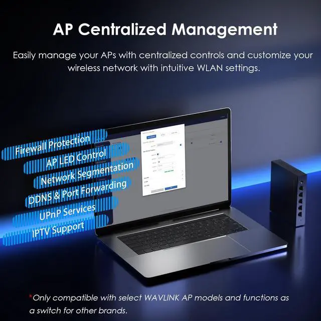 Alt view image 6 of 7 - WAVLINK 5-Port Gigabit PoE Switch with AC Controller  4x LAN + 1 WAN 1000Mbps, Supports IEEE 802.3AF/AT, Auto-Discovery & Centralized AP Management for Home, Hotel, Office, Farm