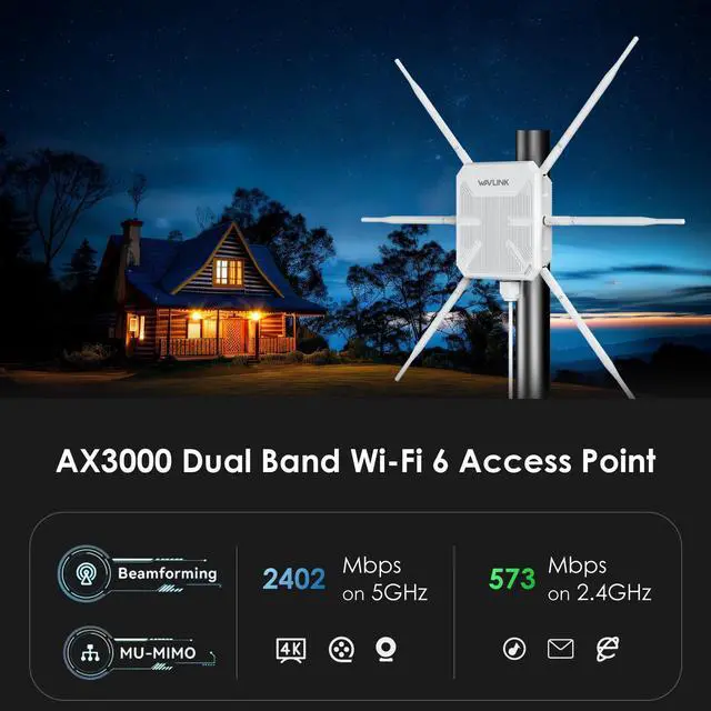 Alt view image 2 of 7 - WAVLINK AX3000 WiFi 6 Range Extender Outdoor Long Range Wifi Repeater/Wireless AP/Router/Signal Booster with Dual Band/Passive PoE/IP67 Waterproof, Gigabit Port,Up to 256 Devices for Garage, Yard, RV