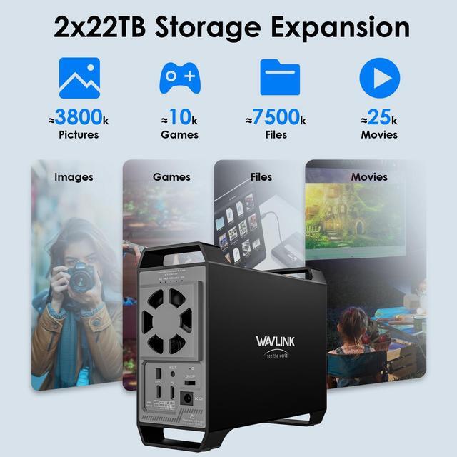 Alt view image 4 of 7 - WAVLINK 2-Bay Hard Drive Enclosure for 3.5" and 2.5'' SATA HDD/SSD Featuring 10Gbps USB-C 3.2, 44TB Capacity, Built-in Cooling Fans, 4 RAID Modes(RAID Normal/LARGE/1/0), Aluminum Alloy Shell