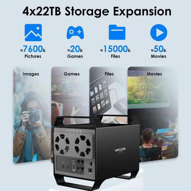 Alt view image 4 of 7 - WAVLINK 4-Bay Hard Drive Enclosure for 3.5" and 2.5'' SATA HDD/SSD Featuring 10Gbps USB-C 3.2, 88TB Capacity, Built-in Temp-Controlled Cooling Fans, HDMI 4K Stunning Video Output, Aluminum Alloy Shell