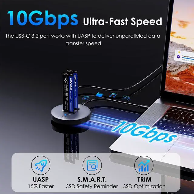 Alt view image 4 of 7 - WAVLINK M.2 NVMe SSD Cloner, 10G Dual-Bay NVMe to USB-C/A Docking Station, Supports One-Click Offline-Clone, 2x8TB Capacity, UASP, Tool&Driver-Free, Design for SSDs in Size 2230/2242/2260/2280/22110