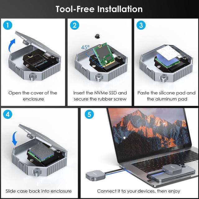 Alt view image 7 of 7 - WAVLINK Magnetic M.2 2230 NVMe SSD Enclosure, 10Gbps USB C 3.2 Gen2 to NVMe Adapter, Aluminum External Case for iPhone 16/15 Pro Max ProRes, Supports M and B+M Key NVMe SSD(up to 8TB)
