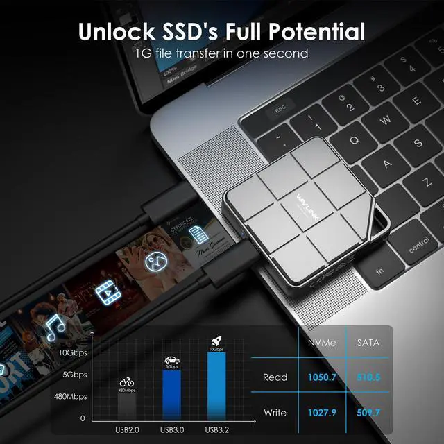 Alt view image 2 of 7 - WAVLINK USB to M.2 NVME SATA SSD Enclosure, 10Gbps USB C 3.2 Gen2 to NVMe PCIe SATA NGFF Solid State Drive Aluminum External Case for 2230 2242 SSD, Tool-Free Installation, up to 8TB