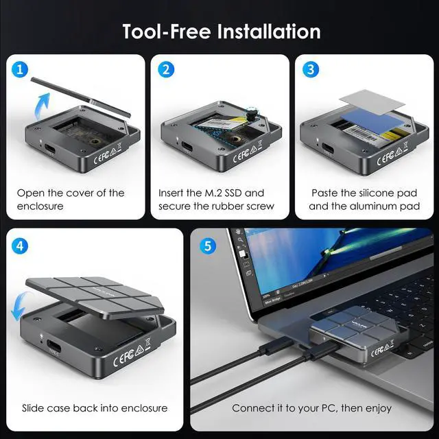 Alt view image 7 of 7 - WAVLINK USB to M.2 NVME SATA SSD Enclosure, 10Gbps USB C 3.2 Gen2 to NVMe PCIe SATA NGFF Solid State Drive Aluminum External Case for 2230 2242 SSD, Tool-Free Installation, up to 8TB