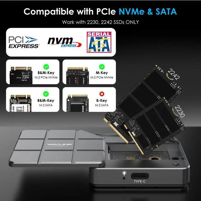 Alt view image 3 of 7 - WAVLINK USB to M.2 NVME SATA SSD Enclosure, 10Gbps USB C 3.2 Gen2 to NVMe PCIe SATA NGFF Solid State Drive Aluminum External Case for 2230 2242 SSD, Tool-Free Installation, up to 8TB