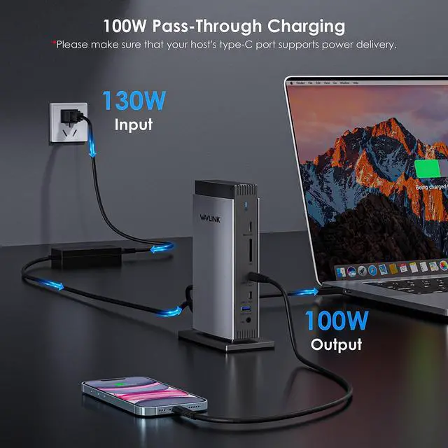 Alt view image 4 of 7 - WAVLINK USB C DisplayLink Docking Station Triple Display with 3 HDMI 4K60Hz for MacBook M1/M2/M3/Windows,5 USB Ports,2DP,Ethernet Port,Audio/Mic,SD/TF, 130W AC Power Supply