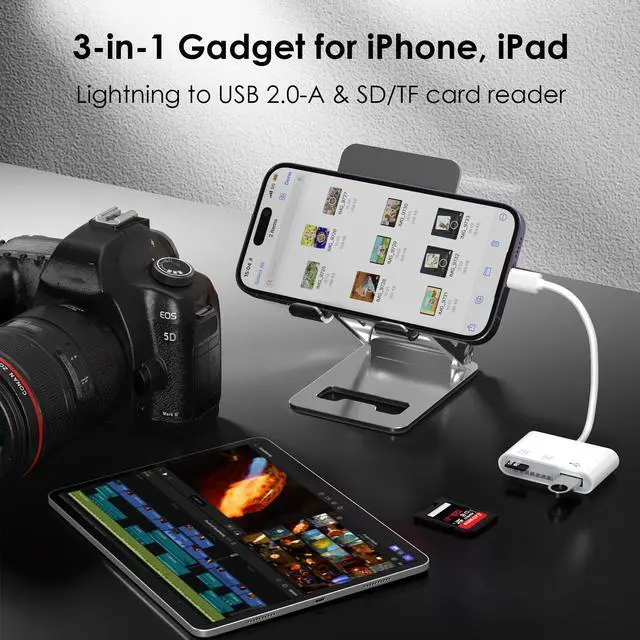 Alt view image 2 of 7 - WAVLINK 3-in-1 Card Reader Lightning to SD/TF Card Adapter for iPhone with USB 2.0-A Port, Compatible with iPhone iPad, Supports Digital Camera SLR UAV Dash Cam Memory Card, Plug and Play