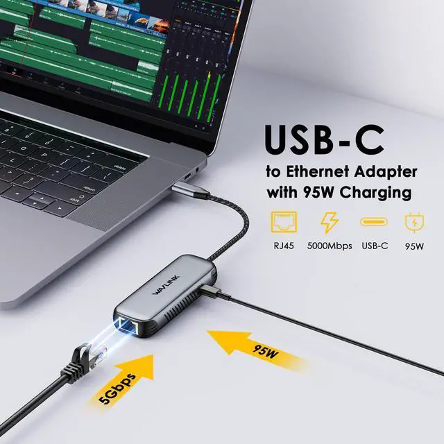 Alt view image 2 of 7 - WAVLINK USB C to Ethernet Adapter with 95W Charging Port, 5Gbps RJ45 Ethernet Adapter Driver-free for Laptops, Computers and More, Aluminum Case for Windows 10/11, Mac OS 11 or Later, Linux and More
