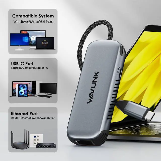 Alt view image 4 of 7 - WAVLINK USB C to Ethernet Adapter with 95W Charging Port, 5Gbps RJ45 Ethernet Adapter Driver-free for Laptops, Computers and More, Aluminum Case for Windows 10/11, Mac OS 11 or Later, Linux and More