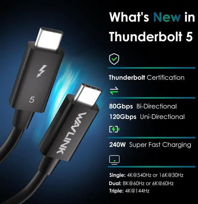 Alt view image 2 of 7 - WAVLINK Thunderbolt 5 Cable 3.28ft, 120Gbps Fast Data Transfer, 240W Power Delivery USB-C Cable, 8K/16K Display Support, Backwards Compatible TB4/3/USB4/3, Ideal for Gaming, Laptops, Monitors, Docks