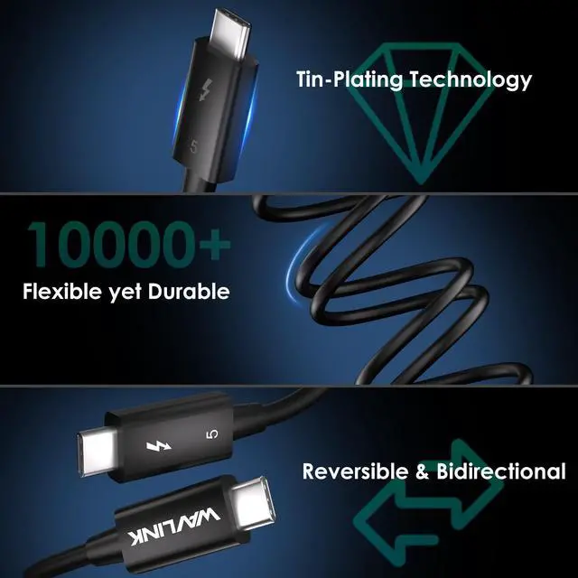 Alt view image 7 of 7 - WAVLINK Thunderbolt 5 Cable 3.28ft, 120Gbps Fast Data Transfer, 240W Power Delivery USB-C Cable, 8K/16K Display Support, Backwards Compatible TB4/3/USB4/3, Ideal for Gaming, Laptops, Monitors, Docks