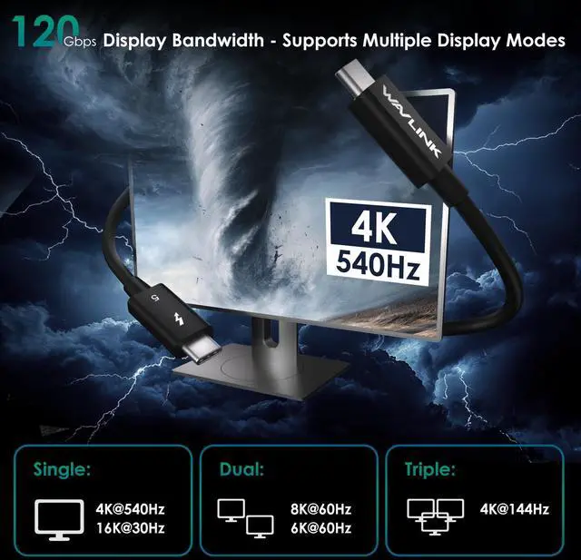 Alt view image 5 of 7 - WAVLINK Thunderbolt 5 Cable 3.28ft, 120Gbps Fast Data Transfer, 240W Power Delivery USB-C Cable, 8K/16K Display Support, Backwards Compatible TB4/3/USB4/3, Ideal for Gaming, Laptops, Monitors, Docks