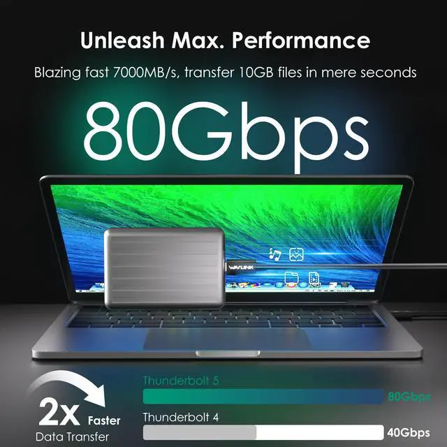 Alt view image 4 of 7 - WAVLINK Thunderbolt 5 Cable 2.6ft, 120Gbps Fast Data Transfer, 240W Power Delivery USB-C Cable, 8K/16K Display Support, Backwards Compatible TB4/3/USB4/3, Ideal for Gaming, Laptops, Monitors and Docks