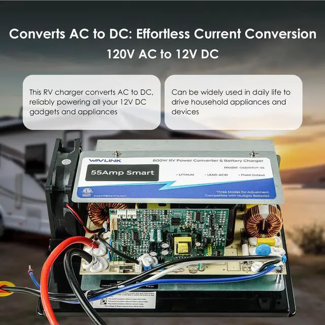 Alt view image 2 of 7 - WAVLINK 55Amp RV Power Converter, 120V AC to 12V DC Battery Charger with 3 Smart Charging Modes, 13V-16.5V Adjustable Operating Range, Multi-Stage Charging Assembly for Lithium and Lead Acid Batteries