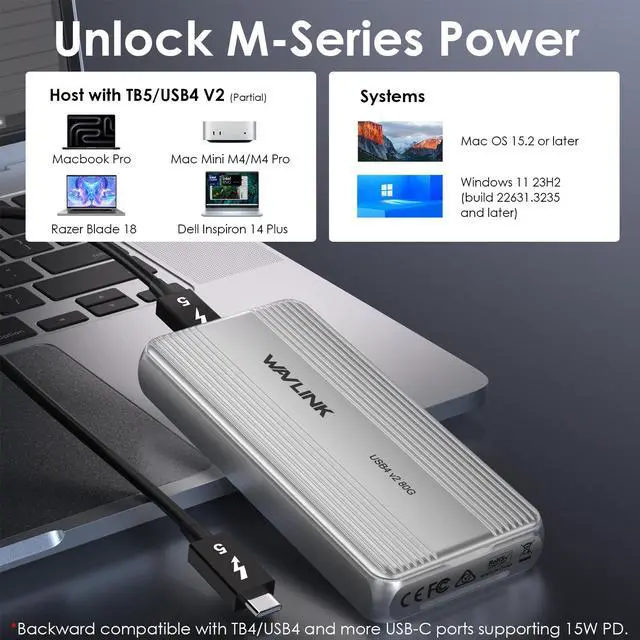 Alt view image 4 of 7 - Wavlink 80Gbps USB4 V2 PCle Gen4 NVMe SSD Enclosure | JHL9480 Powered | 6000+MB/s Read & 5000+MB/s Write | Cooling Fan | Plug & Play | Compatible with TB4/5, USB4 | For M4/M3/M2 Mac