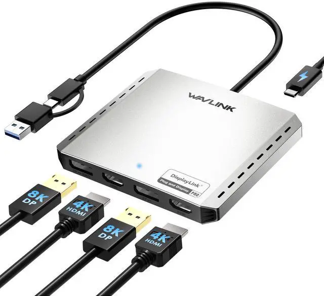 Main image of WAVLINK USB C to HDMI & DP Adapter Quad 4K/Dual DP 8K Universal Display Adapter, 2 HDMI & 2 DP, with PD 85W for Laptop, DP Port Supports 120Hz high-Refresh for Intel/M1/M2/M3/M4 Mac&Windows(DL-7400)