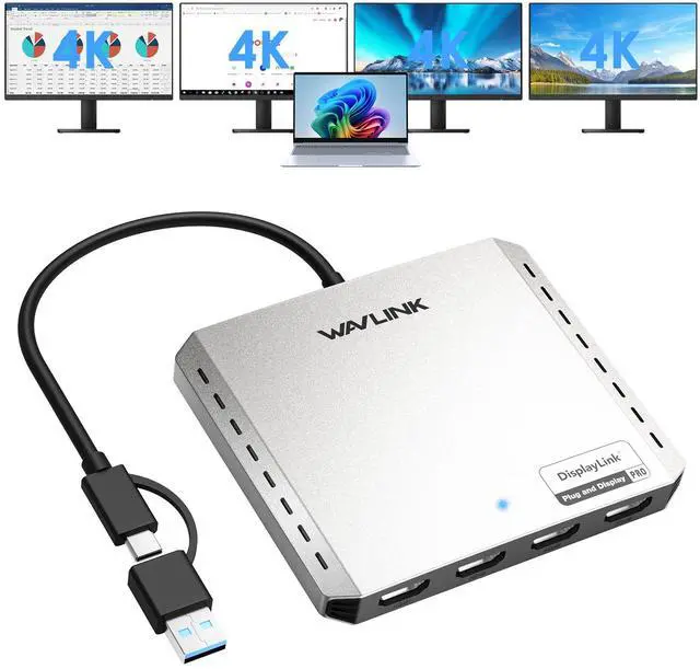 Alt view image 2 of 7 - WAVLINK Quad 4K@60Hz Universal Display Adapter, DisplayLink DL7400, 4 HDMI Ports, with 85W Upstream Charging, Supports Multiple Monitors for Intel/M1/M2/M3/M4 Mac&Windows