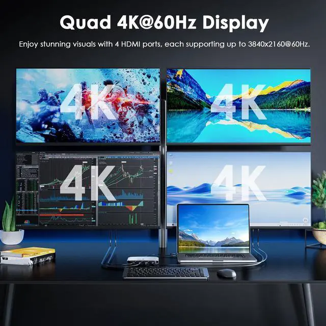 Alt view image 3 of 7 - WAVLINK Quad 4K@60Hz Universal Display Adapter, DisplayLink DL7400, 4 HDMI Ports, with 85W Upstream Charging, Supports Multiple Monitors for Intel/M1/M2/M3/M4 Mac&Windows