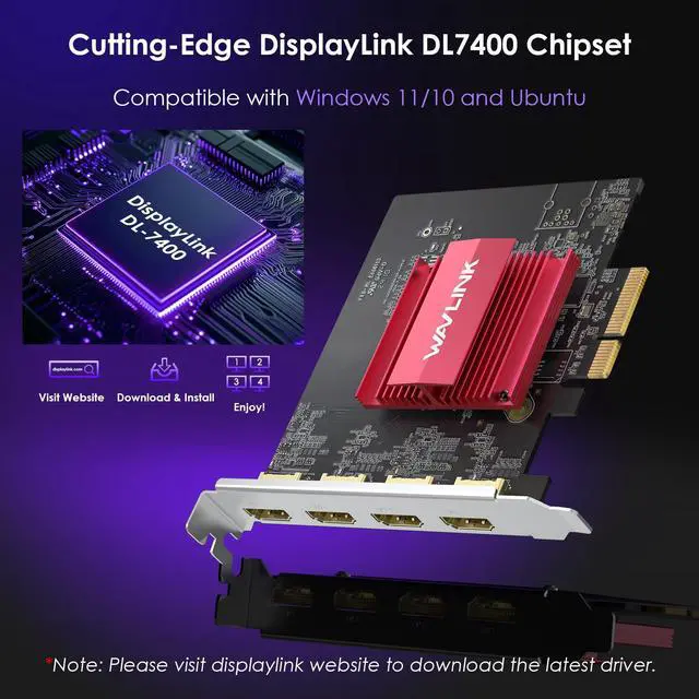 Alt view image 4 of 7 - WAVLINK PCIe 3.0 to Quad 4K@60Hz HDMI Graphics Card - Global Debut with DisplayLink DL7400, 4 HDMI Ports, PC Video Card with Standard Profile, Supports Multiple Monitors for Windows 11/10 & Ubuntu