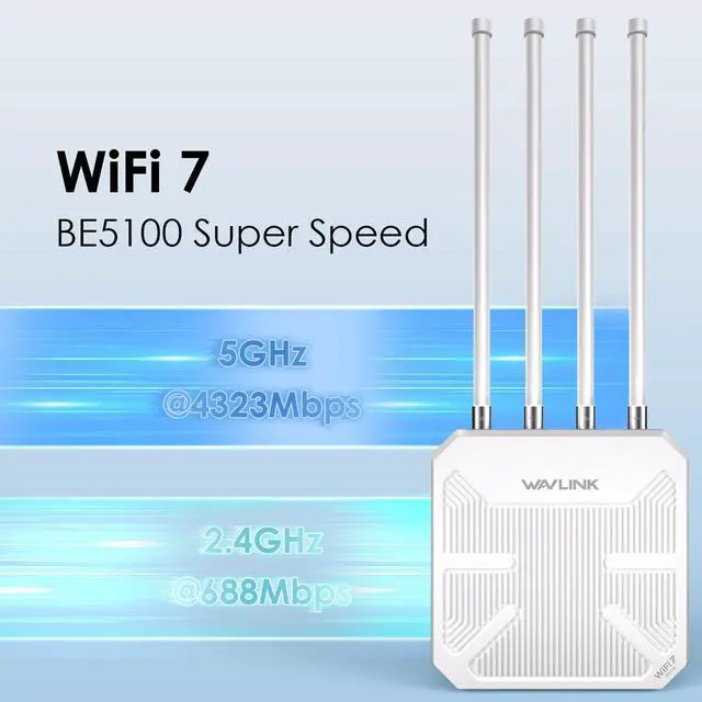Alt view image 3 of 7 - WAVLINK WiFi 7 Outdoor Long Range Router, Dual Band BE5100 Mesh Router, IP67 Waterproof & Dustproof, 15KV ESD & 4KV Lightning Protection, Active & Passive PoE Supported, 8dBi High-Gain Antennas