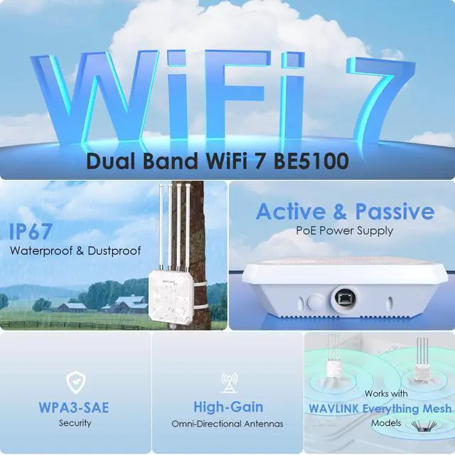 Alt view image 2 of 7 - WAVLINK WiFi 7 Outdoor Long Range Router, Dual Band BE5100 Mesh Router, IP67 Waterproof & Dustproof, 15KV ESD & 4KV Lightning Protection, Active & Passive PoE Supported, 8dBi High-Gain Antennas