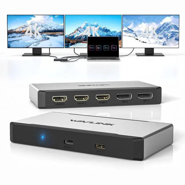 Alt view image 2 of 7 - WAVLINK Triple 4K@60Hz Universal Display Dock, USB-C/A to HDMI/DisplayPort Adapter with 100W PD IN, 3*HDMI+2*DP, Suitable for Thunderbolt 5/4/3 Laptops, Intel/M1/M2/M3/M4 MacBook
