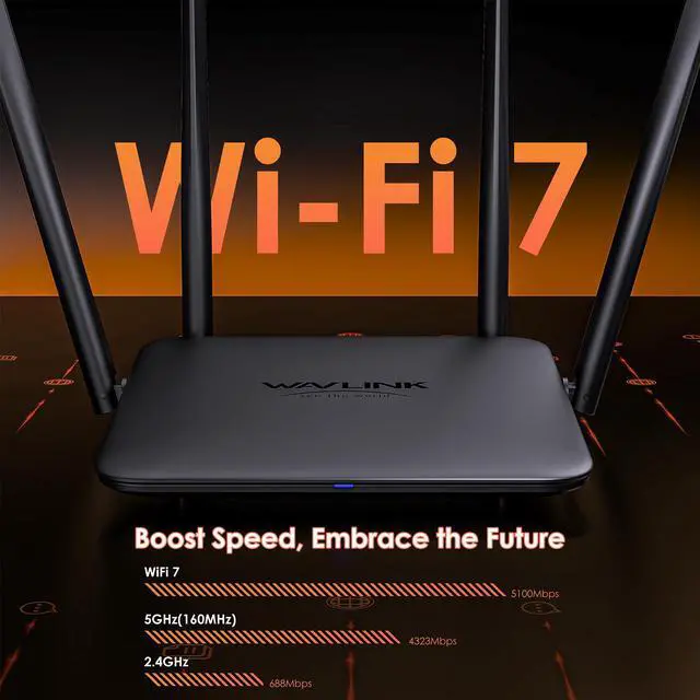 Alt view image 2 of 7 - WAVLINK BE5100 Wi-Fi 7 Router, Dual Band Gaming Router with 4096-QAM Tech, Support EverythingMesh/Router/AP/Repeater Mode, Guest WiFi, QoS, IPv6 & Advanced VPN for Home WiFi