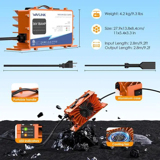 Alt view image 6 of 7 - WAVLINK Golf Cart Smart Battery Charger 36V 18A Max, 738W Output, IP67 Waterproof, LiFePO4/NMC/Lead-Acid Compatible, Intelligent Charging with CPU-Controlled PWM Technology