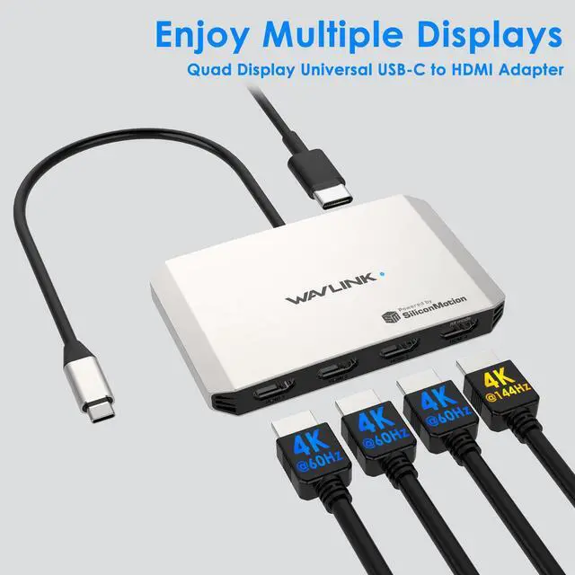 Alt view image 2 of 7 - WAVLINK USB-C to Quad HDMI Adapter, 4K USB-C Adapter, Support PD In 140W Out 130W, Compact and Portable, Compatible with Windows, macOS, Chrome OS, Linux, Harmony, and Android