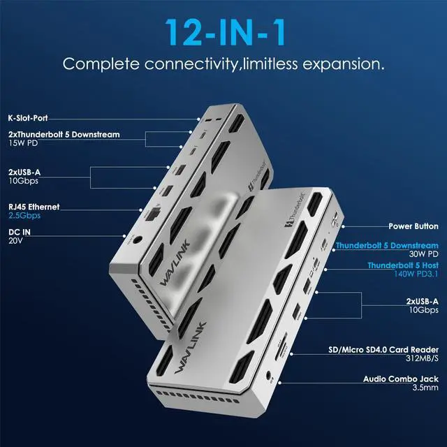 Alt view image 2 of 7 - WAVLINK Thunderbolt 5 Docking Station with120Gbps Max Transfer, 140W PD, Single or Dual 6K/8K Display, 2.5G Ethernet, 3x TB 5 Downstream USB-C 80Gbps, 4x USB-A 3.2 10Gbps, for Thunderbolt 5/4 Laptops