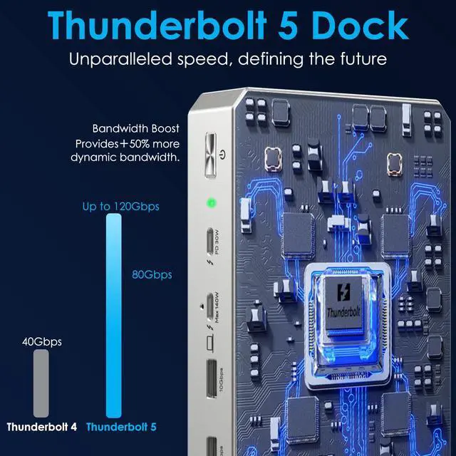 Alt view image 3 of 7 - WAVLINK Thunderbolt 5 Docking Station with120Gbps Max Transfer, 140W PD, Single or Dual 6K/8K Display, 2.5G Ethernet, 3x TB 5 Downstream USB-C 80Gbps, 4x USB-A 3.2 10Gbps, for Thunderbolt 5/4 Laptops