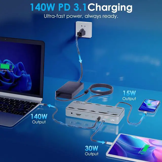 Alt view image 6 of 7 - WAVLINK Thunderbolt 5 Docking Station with120Gbps Max Transfer, 140W PD, Single or Dual 6K/8K Display, 2.5G Ethernet, 3x TB 5 Downstream USB-C 80Gbps, 4x USB-A 3.2 10Gbps, for Thunderbolt 5/4 Laptops