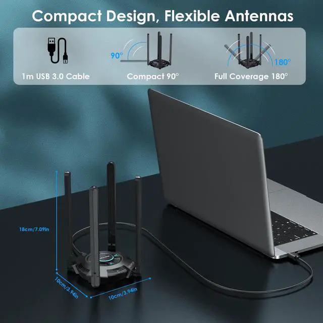 Alt view image 3 of 7 - WAVLINK WiFi 7 BE6500 Tri-Band USB 3.0 Wireless Network Adapter (2.4G/5G/6G, 688+2882+2882 Mbps), with Built-in Driver, WPA3, MLO & Multi-RU, 5dBi High Gain Antennas - Windows 11/10 Only