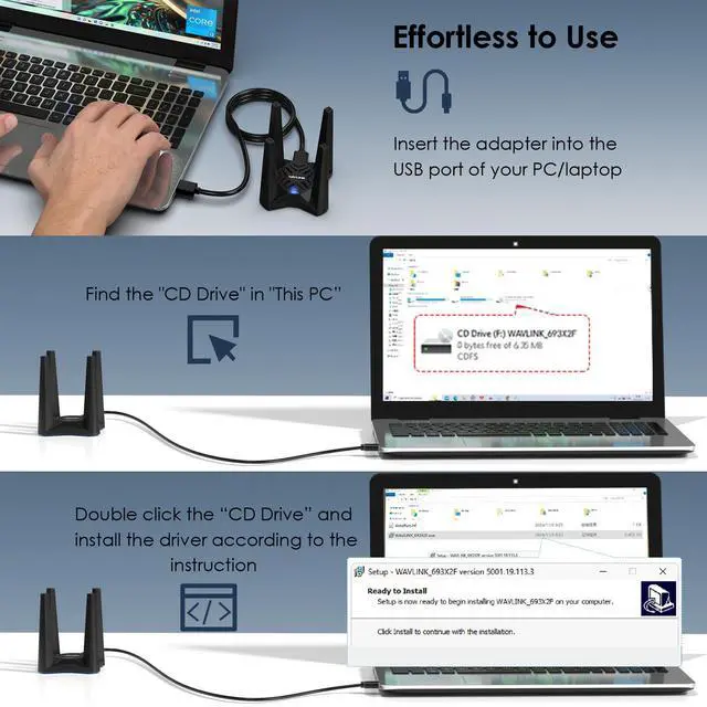 Alt view image 4 of 7 - WAVLINK WiFi 6E AX5400 Triple-Band USB 3.0 Wireless Adapter (2.4G/5G/6G, 573+2402+2402 Mbps) with Built-in Driver, WPA3, MU-MIMO, OFDMA, 4x3dBi Antennas, Magnetic Base, 1m Cable - Only FWindows 11/10