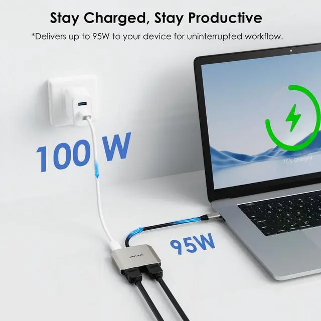 Alt view image 4 of 7 - WAVLINK USB C to Dual HDMI Adapter, Dual 4K@60Hz HDMI Splitter for Dual Monitors, 95W PD Passthrough, Compatible with MacBook Pro/Air, Dell XPS, Lenovo, HP, Surface, LG
