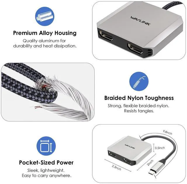 Alt view image 7 of 7 - WAVLINK USB C to Dual HDMI Adapter, Dual 4K@60Hz HDMI Splitter for Dual Monitors, 95W PD Passthrough, Compatible with MacBook Pro/Air, Dell XPS, Lenovo, HP, Surface, LG
