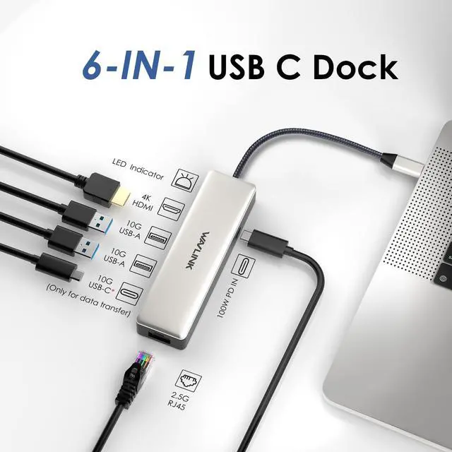 Alt view image 2 of 7 - AVLINK 6-IN-1 USB C Dock, USB C to HDMI Docking Station with 2x10Gbps USB3.1-A, 10Gbps USB3.1-C, 4K HDMI, 100W PD IN, 2.5G RJ45, Suitable for MacBook Pro/Air, iPad, Dell, HP, Lenovo, Asus, Acer