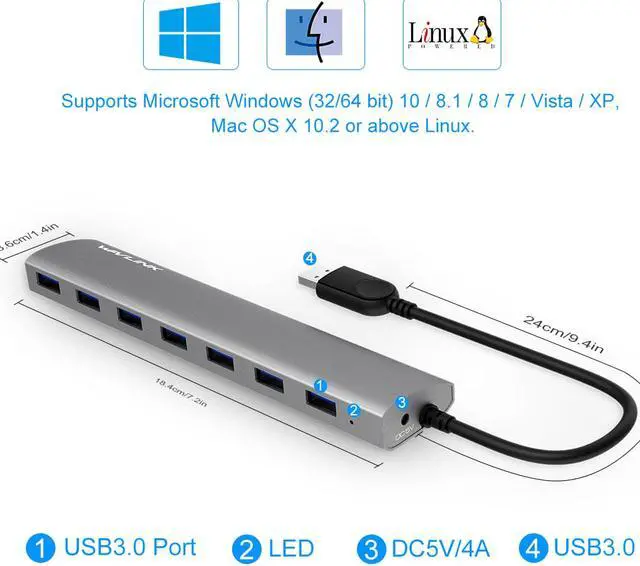 Alt view image 6 of 7 - Wavlink 7-Port USB Hub Bus Aluminum Body 9.5" Built-in USB 3.0 Cable Plug and Play Multi-function USB Exterior Extender with 5V 4A US AC Power Adapter for PC MacBook Ultrabook Tablet-Gray