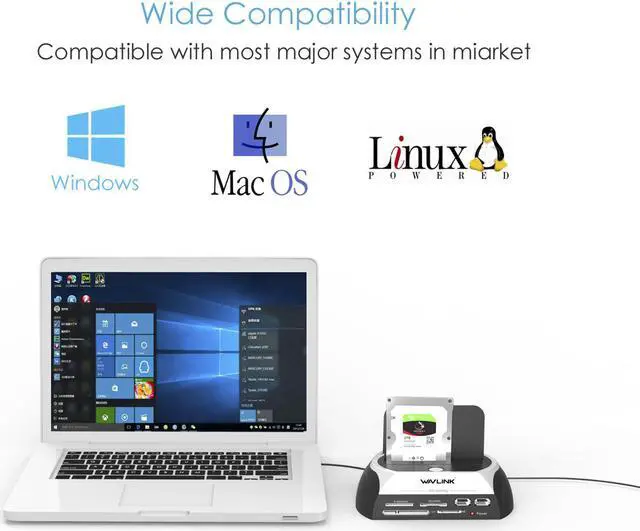 Alt view image 6 of 7 - Wavlink USB2.0 to SATA External Hard Drive Enclosure with 2 USB Hub and TF & SD & MS Card For 2.5/3.5 inch HDD/SSD SATA I/II/III, Support Tool Free/One Touch Backup/UASP, LED Indicate, Up to 8TB