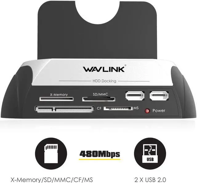 Alt view image 4 of 7 - Wavlink USB2.0 to SATA External Hard Drive Enclosure with 2 USB Hub and TF & SD & MS Card For 2.5/3.5 inch HDD/SSD SATA I/II/III, Support Tool Free/One Touch Backup/UASP, LED Indicate, Up to 8TB
