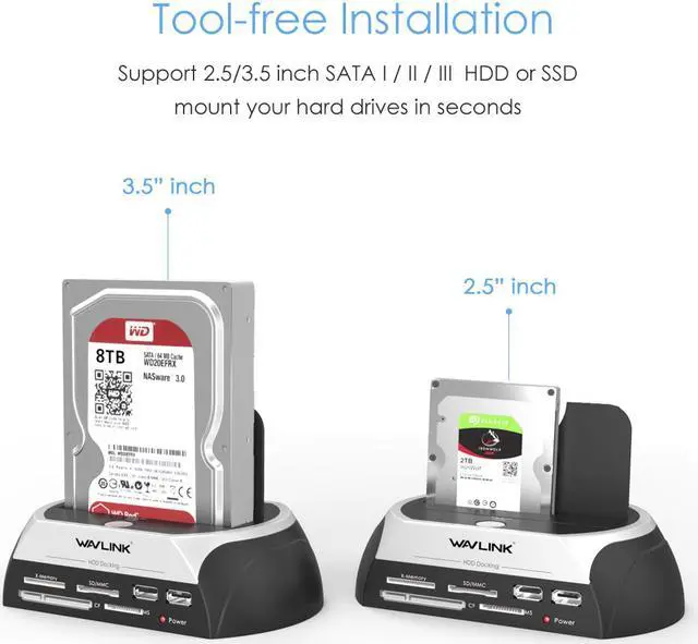 Alt view image 3 of 7 - Wavlink USB2.0 to SATA External Hard Drive Enclosure with 2 USB Hub and TF & SD & MS Card For 2.5/3.5 inch HDD/SSD SATA I/II/III, Support Tool Free/One Touch Backup/UASP, LED Indicate, Up to 8TB