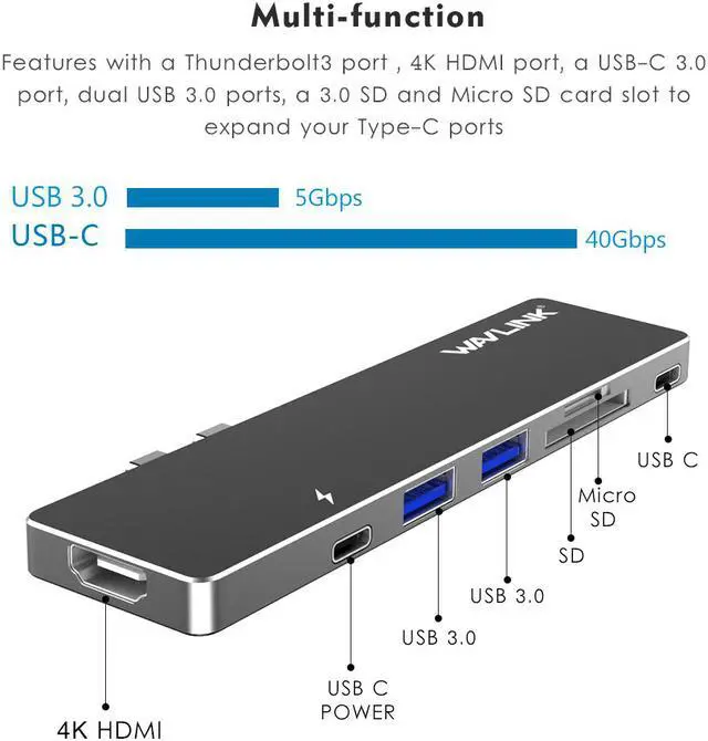 Alt view image 3 of 7 - USB-C Docking Station, USB Type-C Multi-Function Hub Adapter for 2016/2017/2018/2019 MacBook Pro 13” and 15”  40Gbps, 4K HDMI Video Output, USB-C, microSD/SD Card Reader, 2x USB 3.0 ( Gray )
