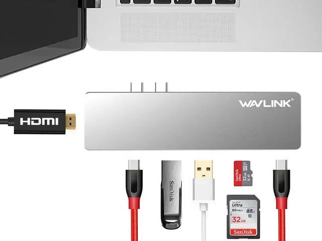 Alt view image 2 of 7 - Wavlink Aluminum USB-C Hub Adapter for both 13" and 15" MacBook Pro, Thunderbolt 3 Mini Dock - 5K 40GbS, 4K HDMI, Pass-Through Charging, USB-C Port, 2 USB 3.0, SD/Micro SD Card Reader  - Silver